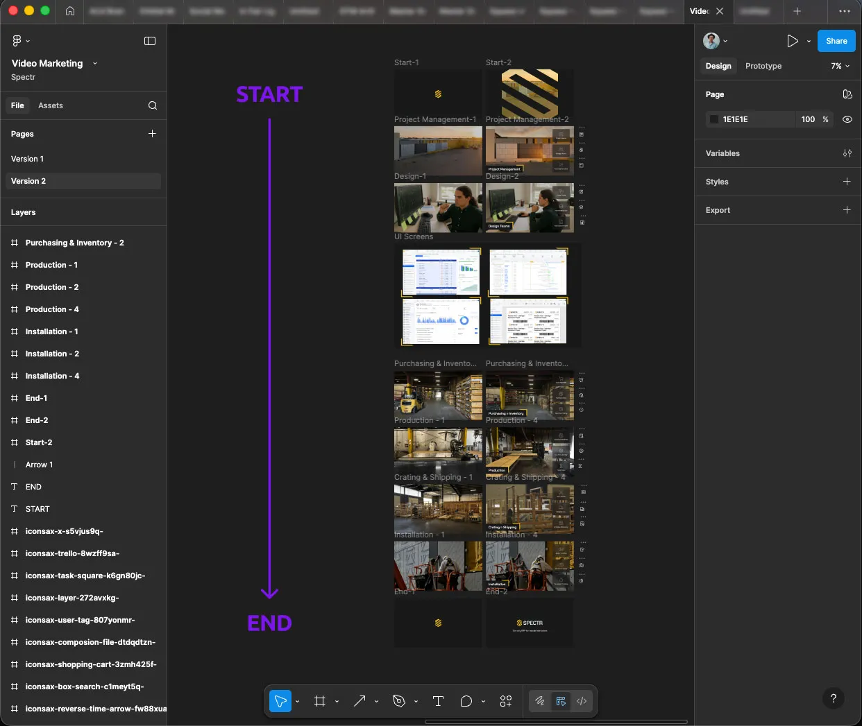 A Figma board mapping the Spectr film's shot order from start to end