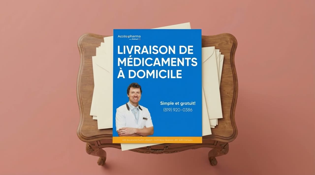 An AccèsPharma flyer on an antique chair reading Livraison de médicaments à domicile, simple et gratuit, with a smiling pharmacist in a white coat