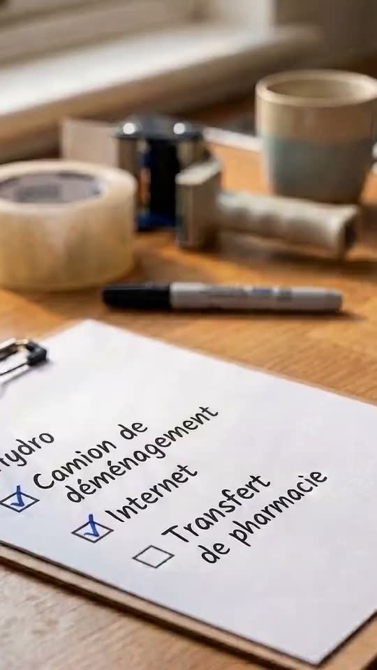 Frame from the Transfert de pharmacie reel: a moving checklist on a clipboard with Hydro, Camion de déménagement and Internet ticked off and Transfert de pharmacie still unchecked, on a wooden table with packing tape and a marker