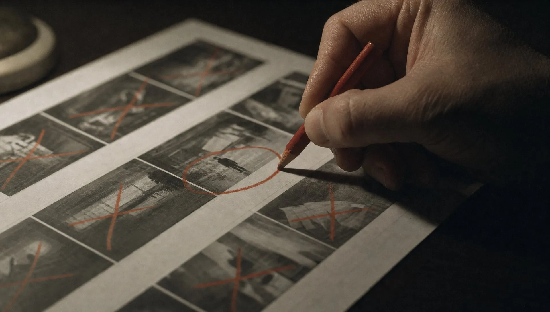 A hand circling one frame of a printed contact sheet in red pencil, every other frame crossed out
