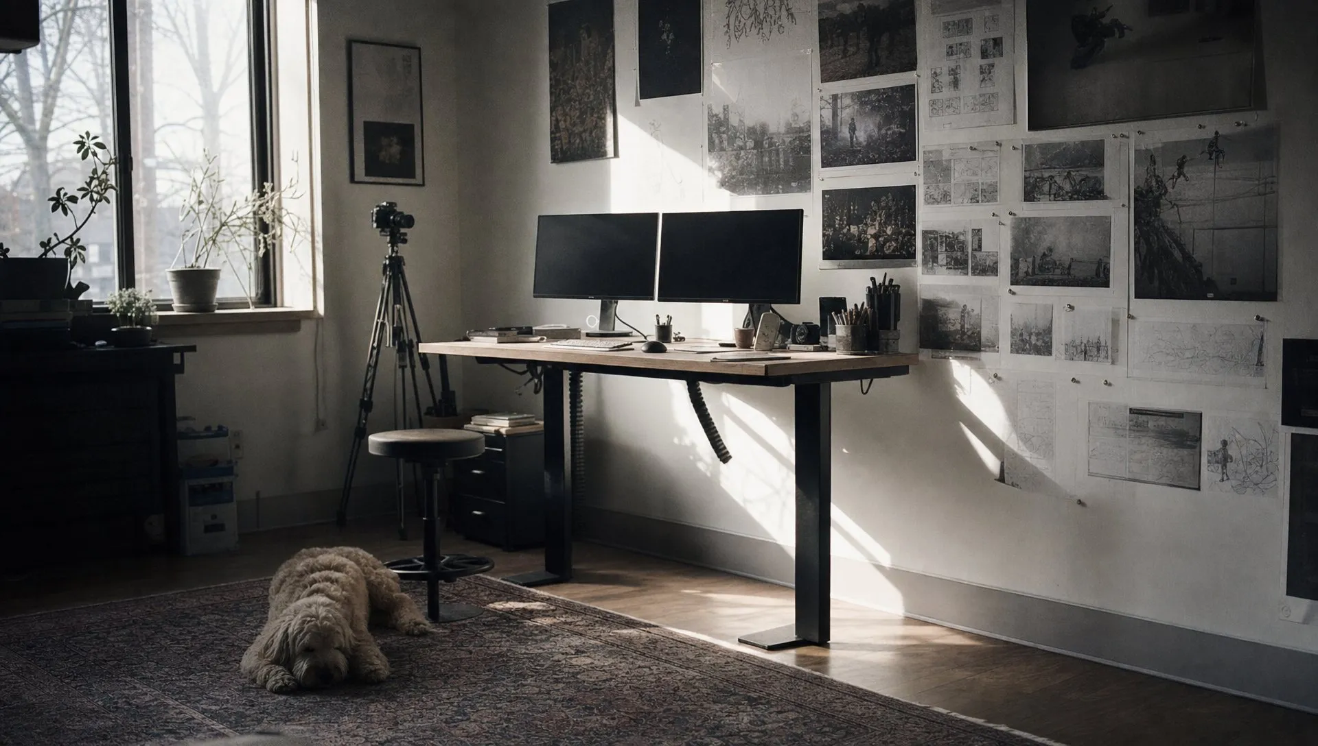 The In Fair Light studio corner in daylight: a standing desk with two monitors, a camera on a tripod, a wall of pinned black and white prints, and a shaggy dog asleep on the rug