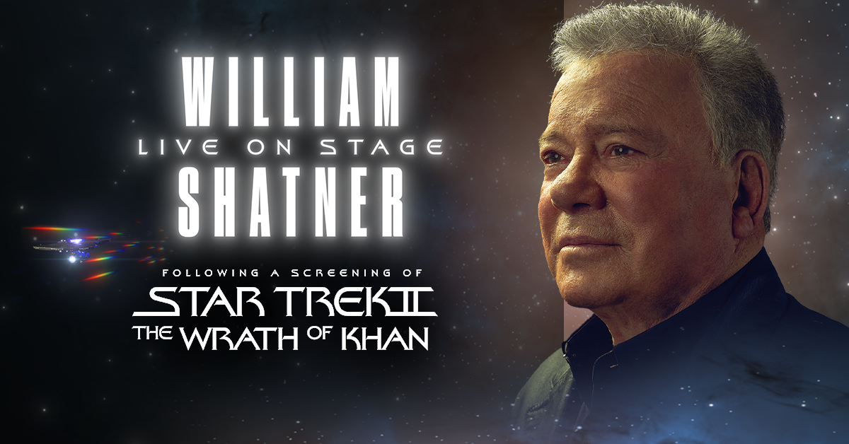 William Shatner Live on Stage key art: the tour lockup beside a portrait of Shatner, with the Enterprise and the Star Trek II subtitle