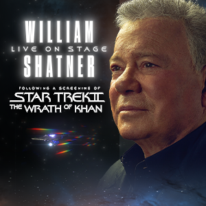 Square banner, 300 by 300: the same left-hand type stack and Enterprise, with more of Shatner's portrait visible in the taller crop