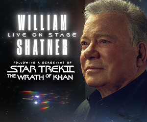 Medium rectangle banner, 300 by 250: the lockup and screening line stacked down the left over the Enterprise, with Shatner's portrait filling the right half