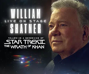 Medium rectangle banner, 300 by 250: the lockup and screening line stacked down the left over the Enterprise, with Shatner's portrait filling the right half
