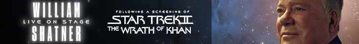 Leaderboard banner, 728 by 90: the tour lockup at the left, the Star Trek II The Wrath of Khan screening line in the centre and Shatner's face at the right, on a starfield
