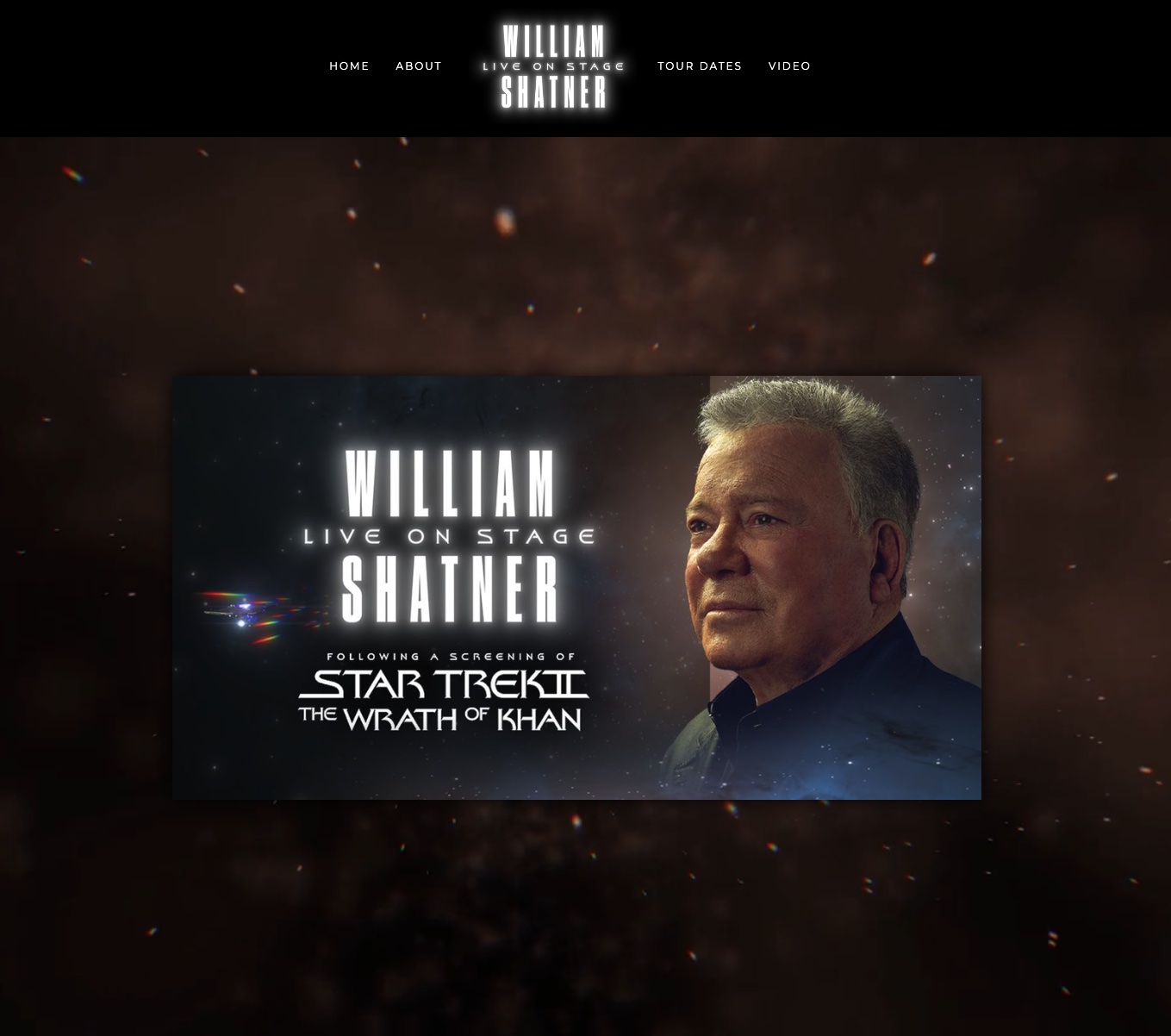 The William Shatner Live on Stage tour website: dark navigation over the key art on a starfield