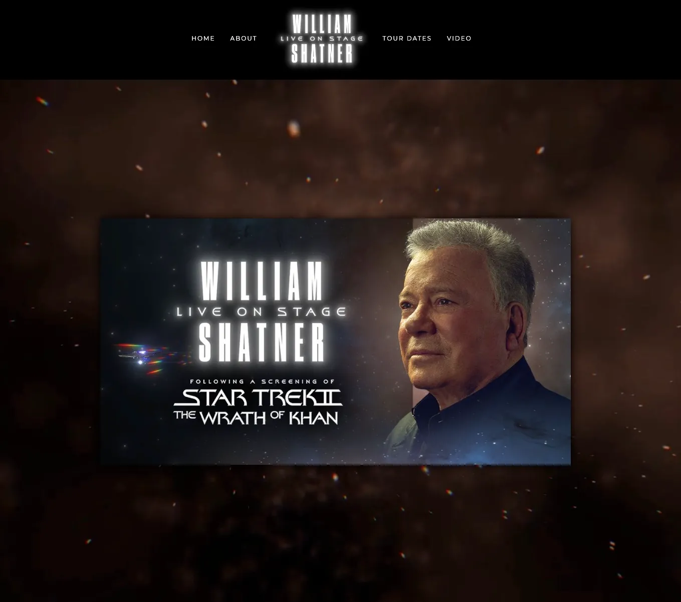 The William Shatner Live on Stage tour website: dark navigation over the key art on a starfield