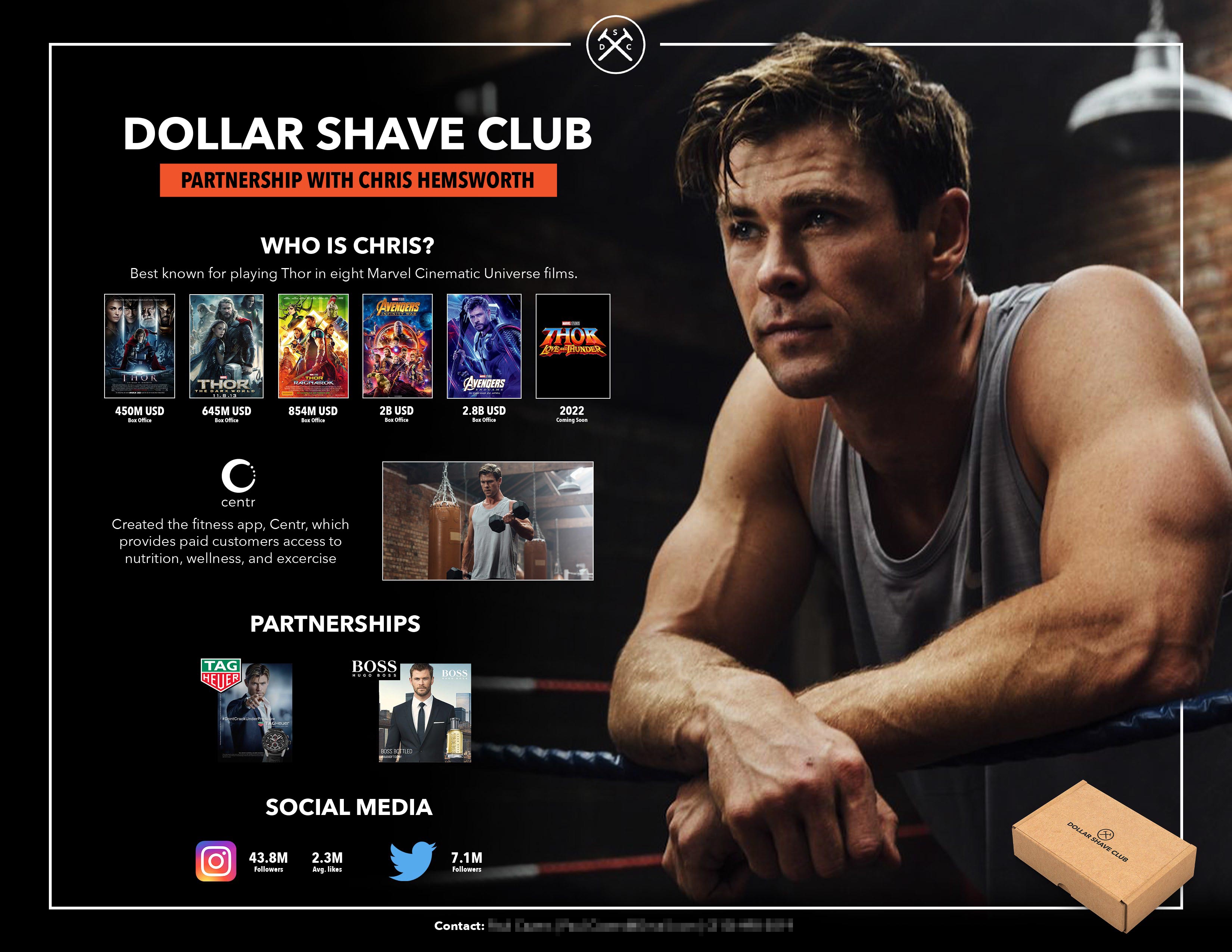 The finished one-page partnership pitch sheet proposing Chris Hemsworth as a Dollar Shave Club brand ambassador