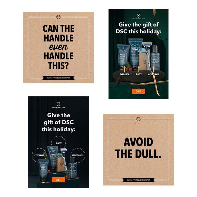 A reference board of Dollar Shave Club brand and social material, gathered as research for the pitch
