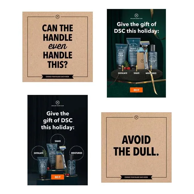 A reference board of Dollar Shave Club brand and social material, gathered as research for the pitch