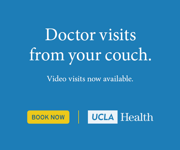 Retina display unit, 600 by 500: Doctor visits from your couch set over three lines on the brand blue, with the yellow Book Now button and UCLA Health lockup along the bottom