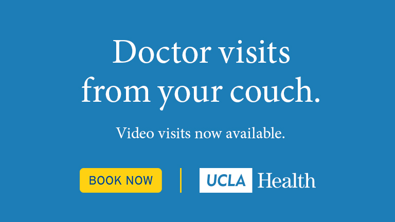 Video wall asset, 768 by 432: the headline over two lines with Video visits now available beneath, and the Book Now button beside the UCLA Health lockup