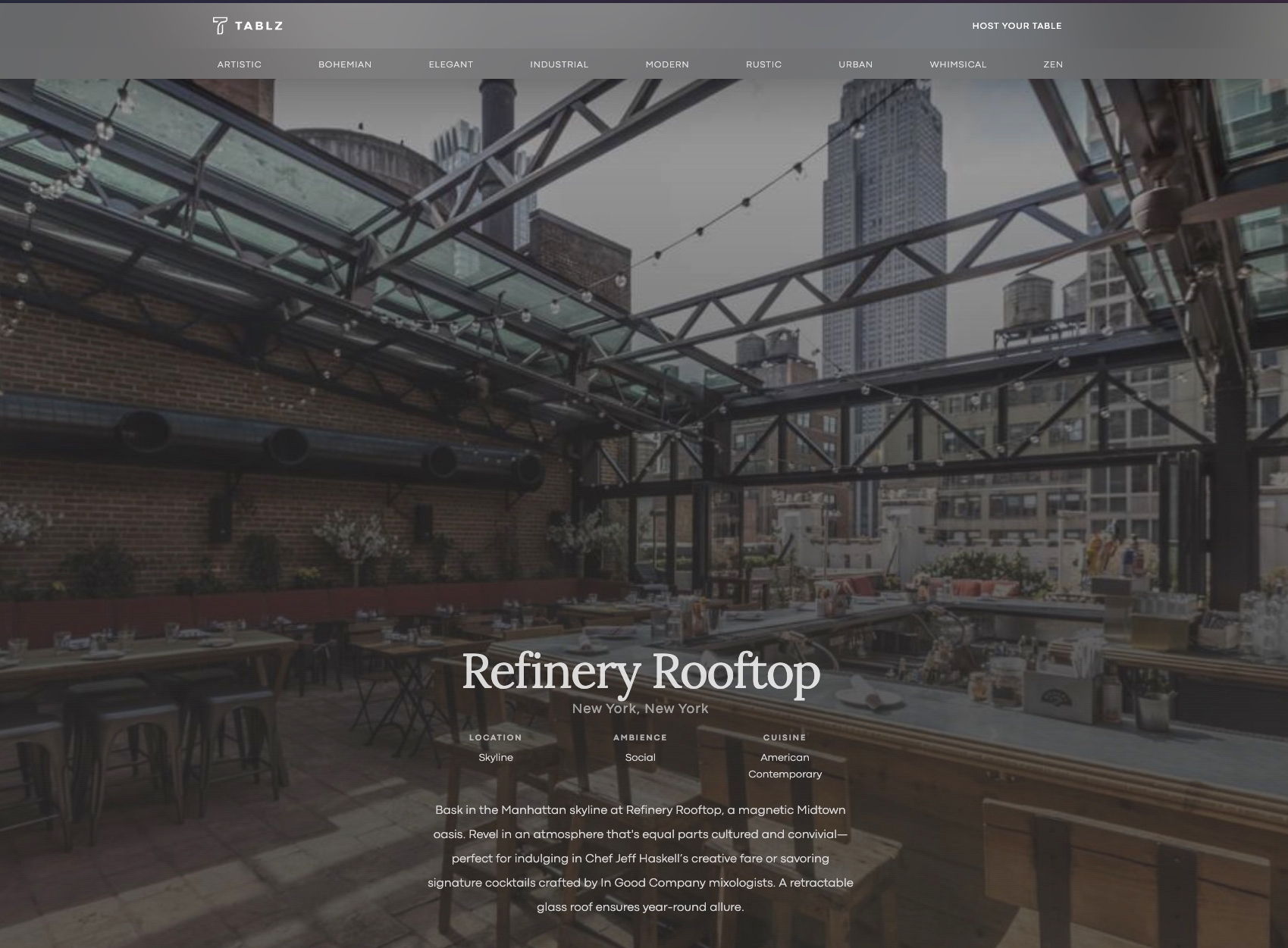 A Showcase portal venue page for Refinery Rooftop in New York, with location, ambience and cuisine fields over a photograph of the room