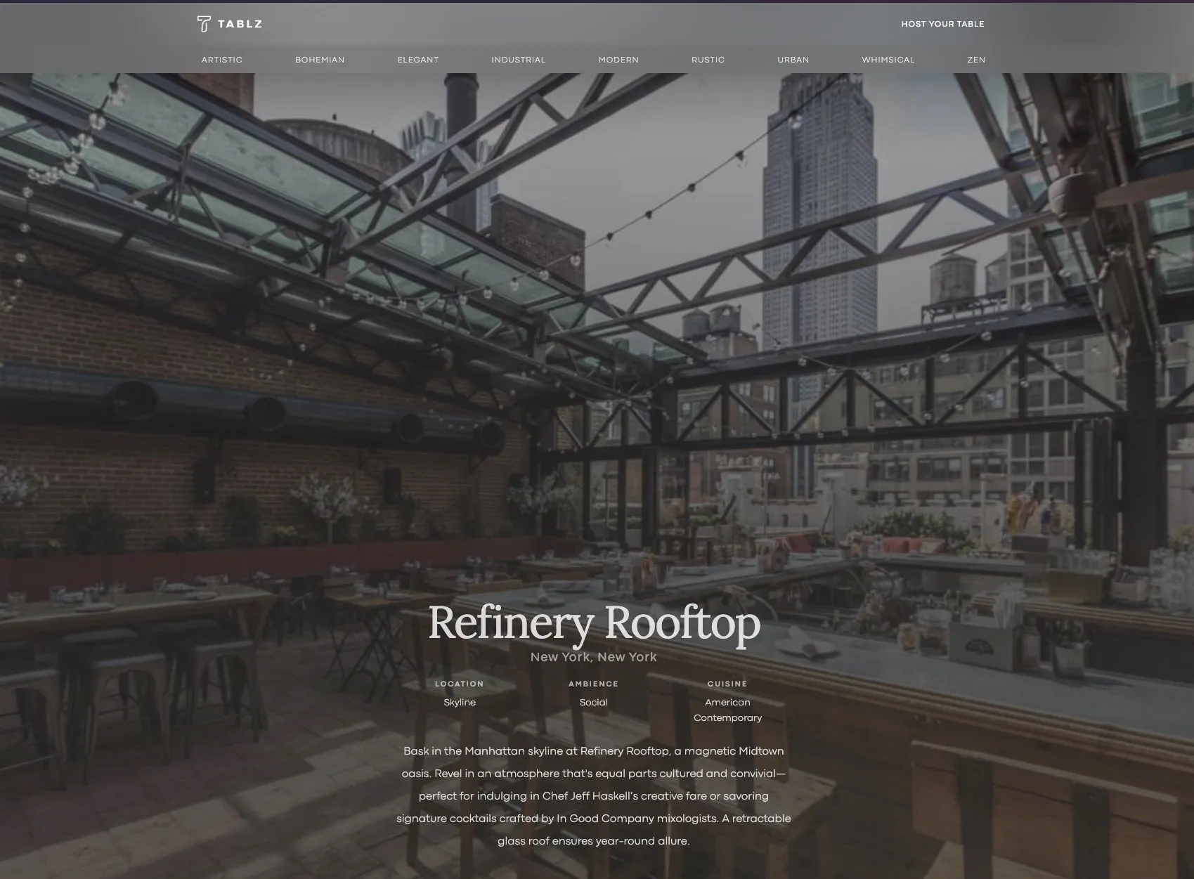 A Showcase portal venue page for Refinery Rooftop in New York, with location, ambience and cuisine fields over a photograph of the room