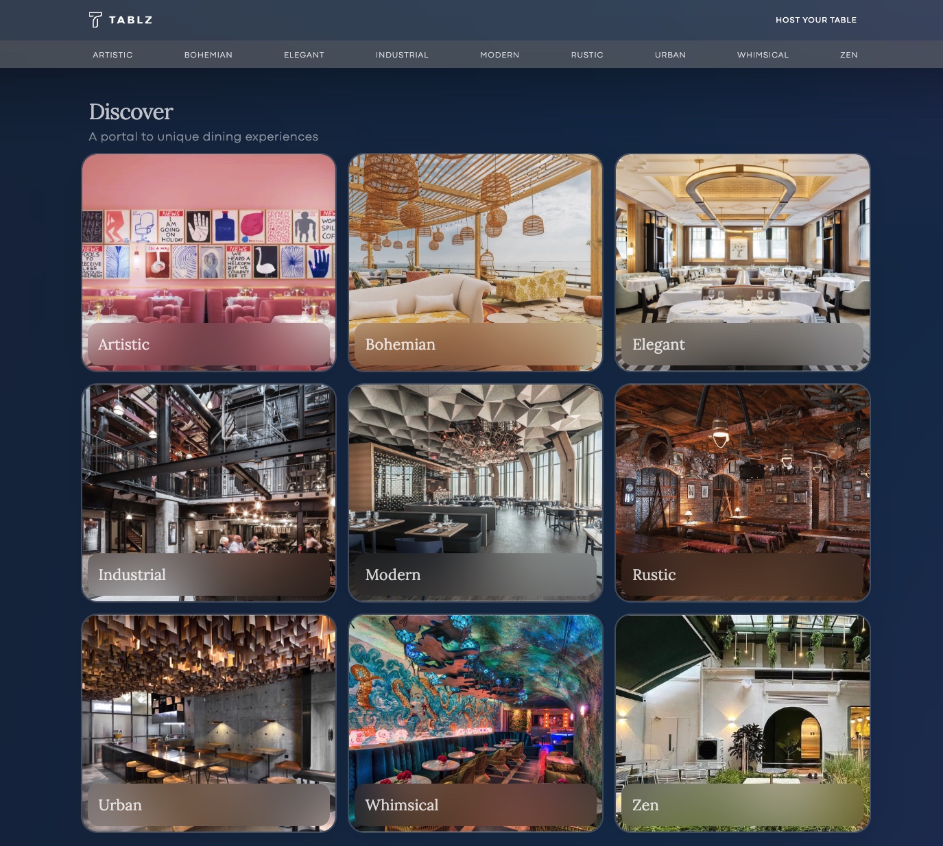 The Showcase portal index: a grid of nine ambience categories, from Artistic to Zen, each a photographed dining room