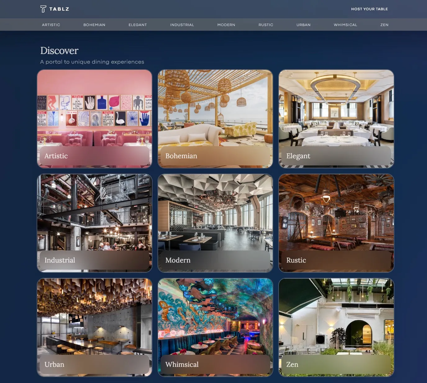 The Showcase portal index: a grid of nine ambience categories, from Artistic to Zen, each a photographed dining room