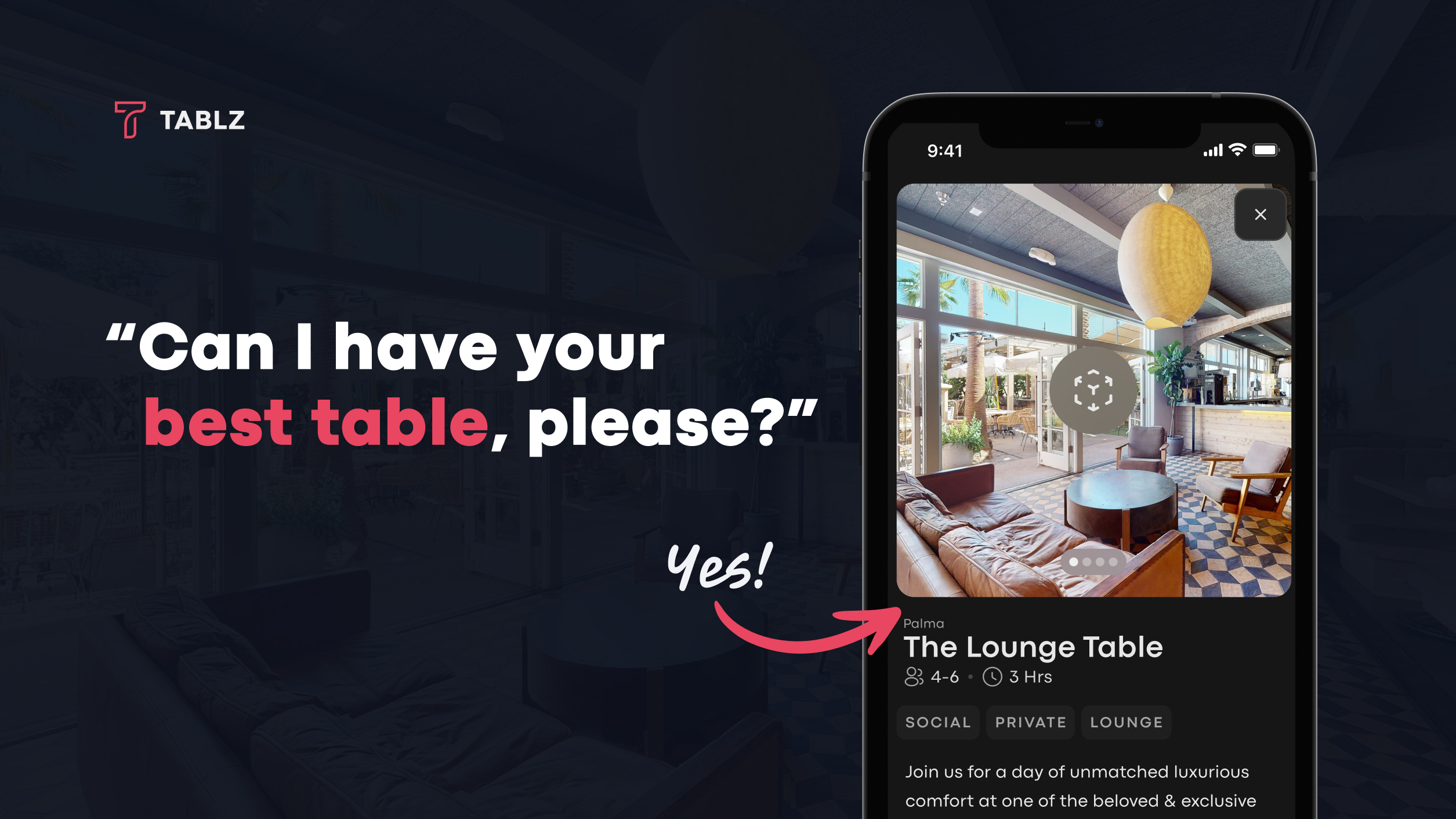 Tablz brand key visual: the line Can I have your best table, please? beside the Tablz app showing a lounge table in 3D