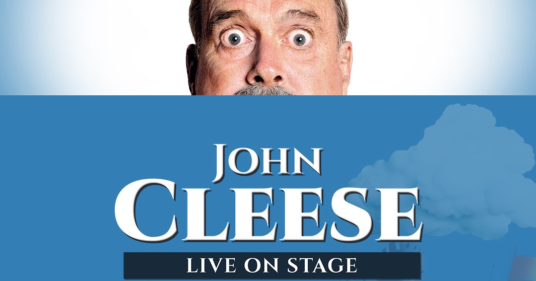 John Cleese Live on Stage key art: Cleese's wide-eyed stare above the Cinzel tour lockup