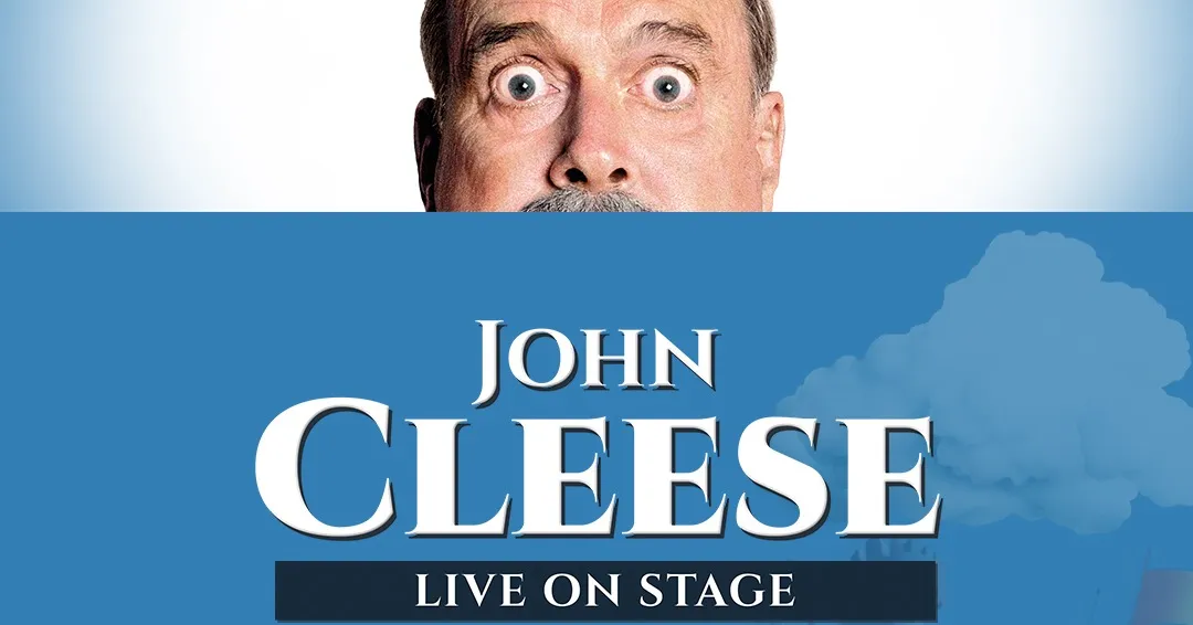 John Cleese Live on Stage key art: Cleese's wide-eyed stare above the Cinzel tour lockup