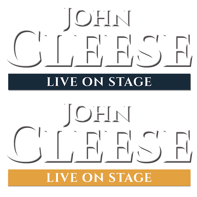 The John Cleese Live on Stage logo lockup in Cinzel capitals, shown with the navy bar and the gold bar