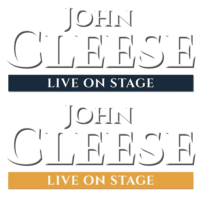 The John Cleese Live on Stage logo lockup in Cinzel capitals, shown with the navy bar and the gold bar