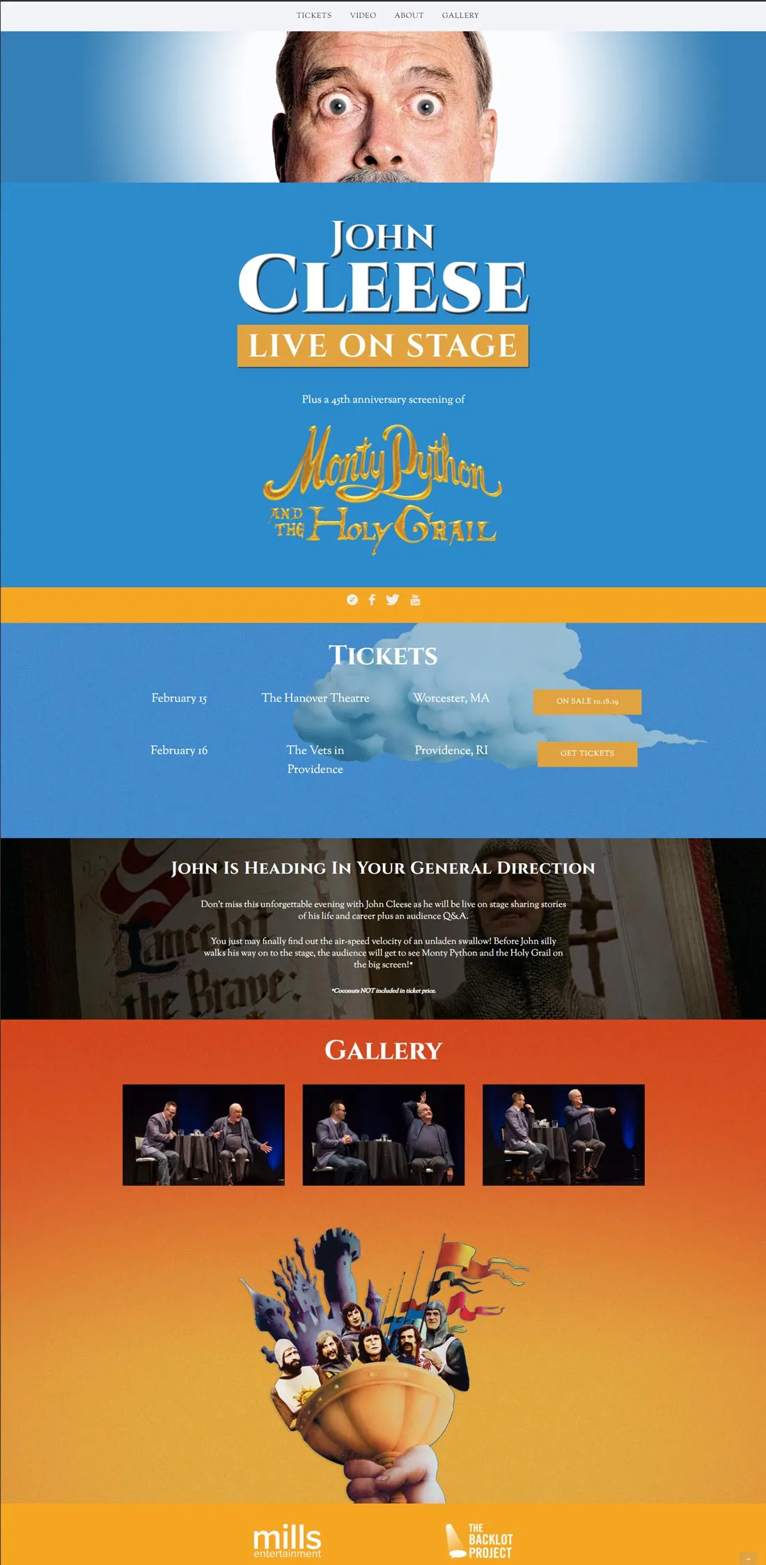 The John Cleese Live on Stage tour website: key art above a ticket table listing dates, venues and cities