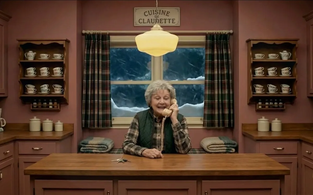 A frame from the AccèsPharma film: a pharmacist on the telephone in a warm, symmetrical kitchen set under a hanging lamp