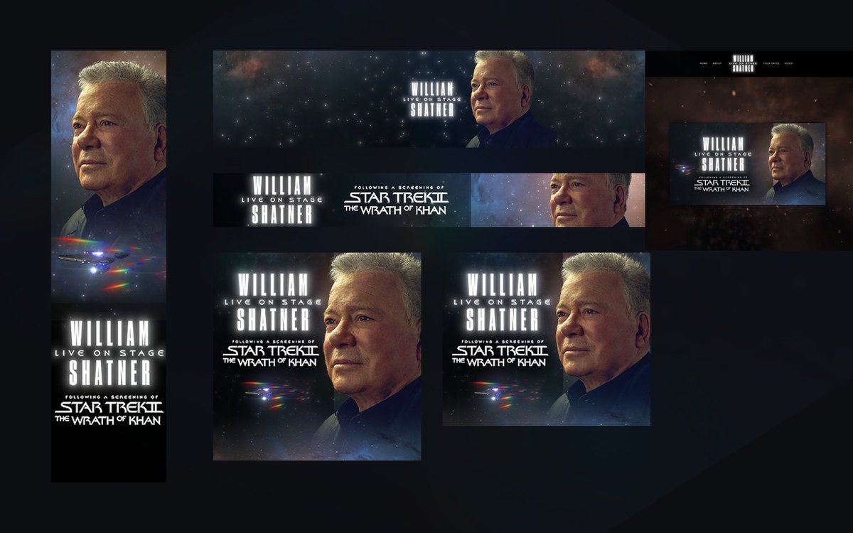 One William Shatner tour identity shown across six formats: banner, leaderboard, square, medium rectangle, skyscraper and the tour website