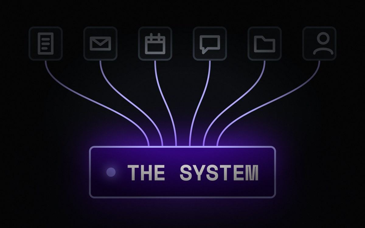 A diagram: documents, email, calendar, chat, files and people all converging into one lit block labelled The System