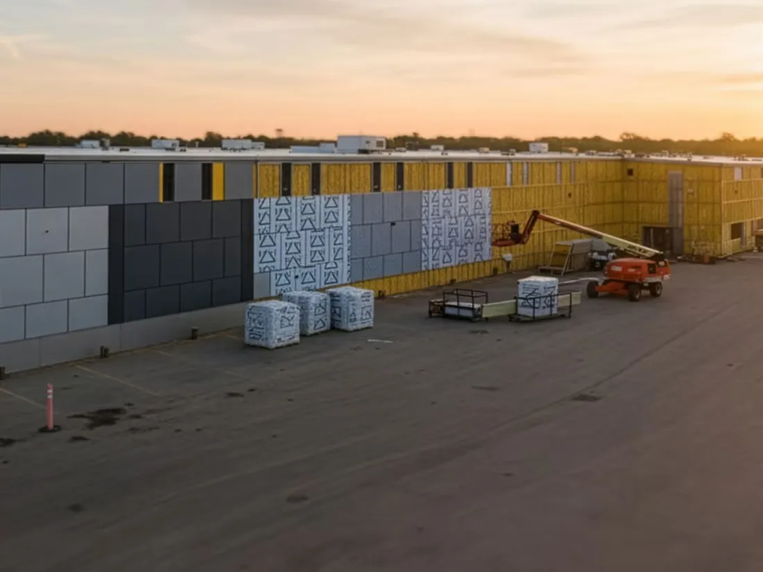 A graded frame from the Spectr film: a facade fabrication yard at golden hour, cladding panels part-installed and crates on the lot