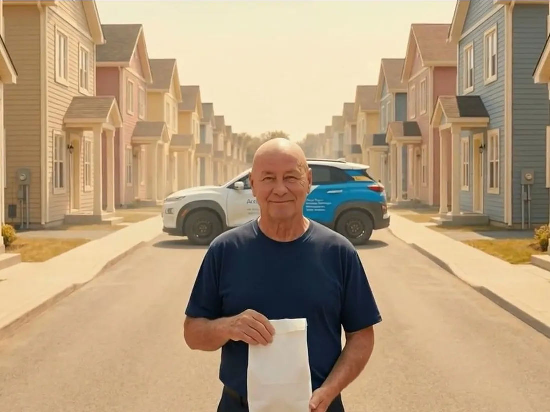 A frame from the AccèsPharma film: a man holding a prescription bag in the middle of a symmetrical street of pastel houses at golden hour