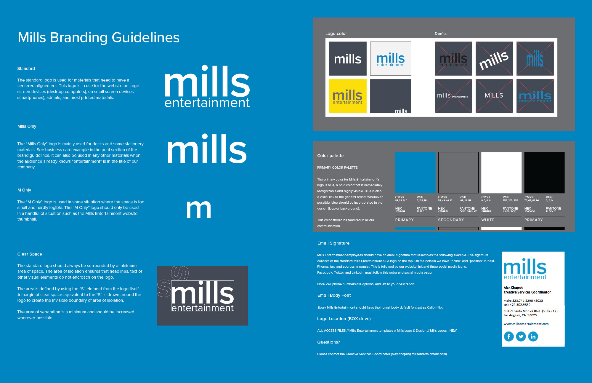 Spreads from the Mills Entertainment brand guide: logo, colour palette and email signature