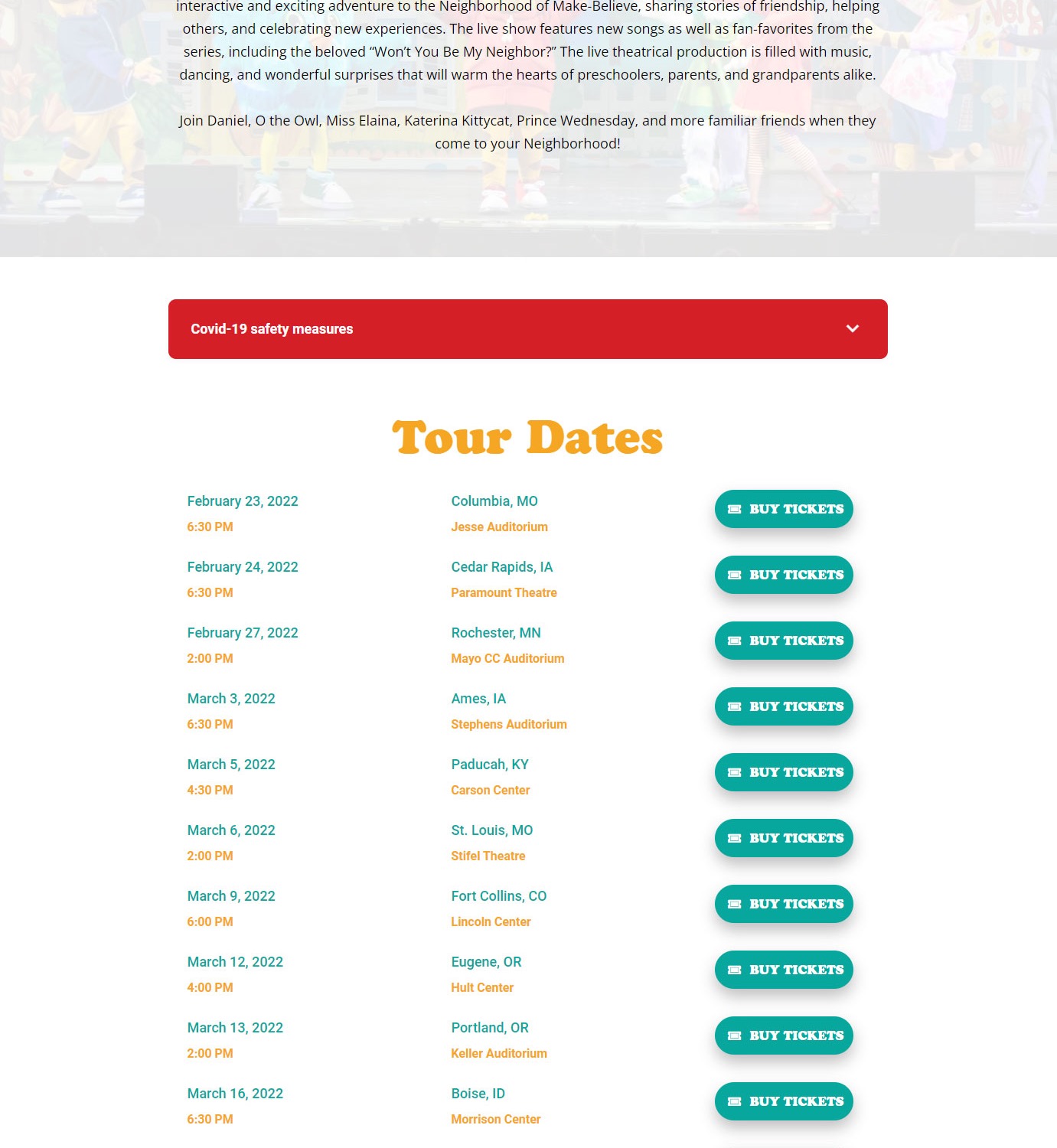 The top of the rebuilt Daniel Tiger's Neighborhood Live tour website, key art above the tour dates table