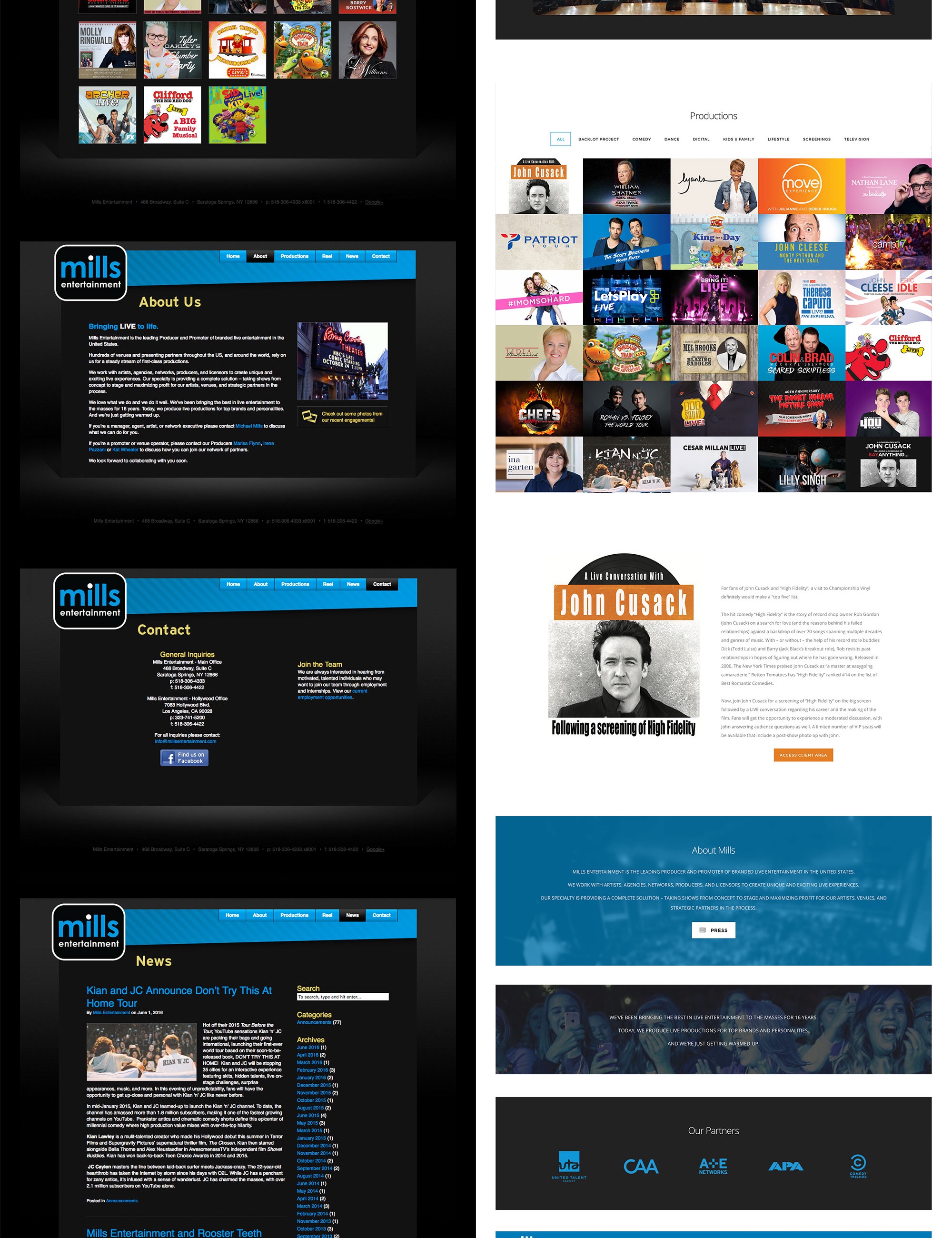 The Mills Entertainment website before and after: the dark WordPress site beside the rebuilt blue site