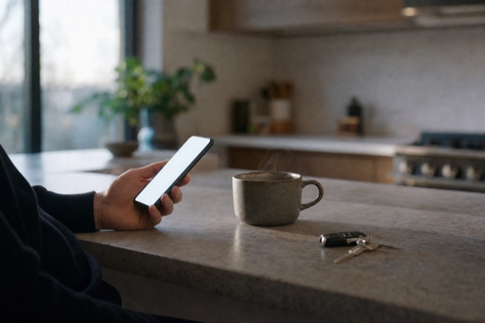 A hand holding a phone over a modern kitchen counter at dawn, a coffee and car keys beside it