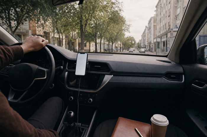 The interior of a car on a tree-lined street, a phone in a dash mount, a folio and coffee on the passenger seat