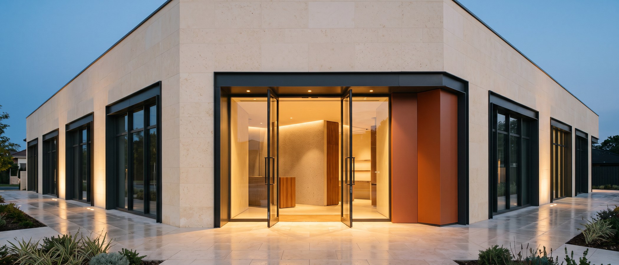 A modern cream stone storefront at dusk with open glass doors and warm golden light spilling onto the sidewalk.