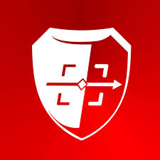White shield icon with four stylized arrows converging and one pointing right on a red gradient background.