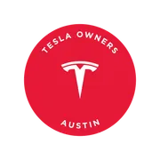 Red circular badge with the Tesla logo in the center and the words 'TESLA OWNERS AUSTIN' around it.