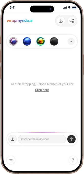 Mobile app screen from wrapmyride.ai showing car wrap style options with color and texture icons, upload prompt, and description input field.