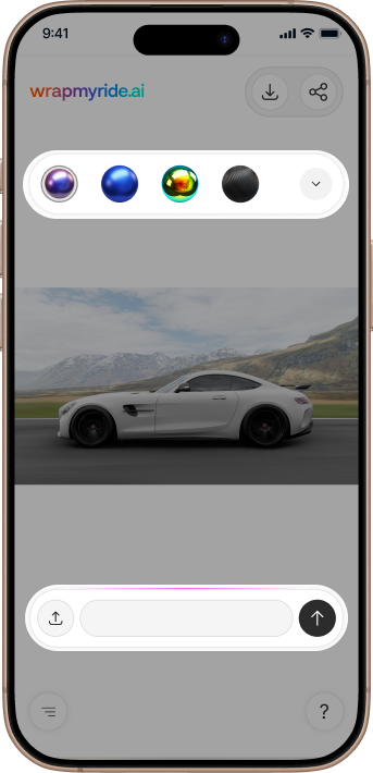 Smartphone screen displaying a car customization app with a white sports car and color selection buttons above it.