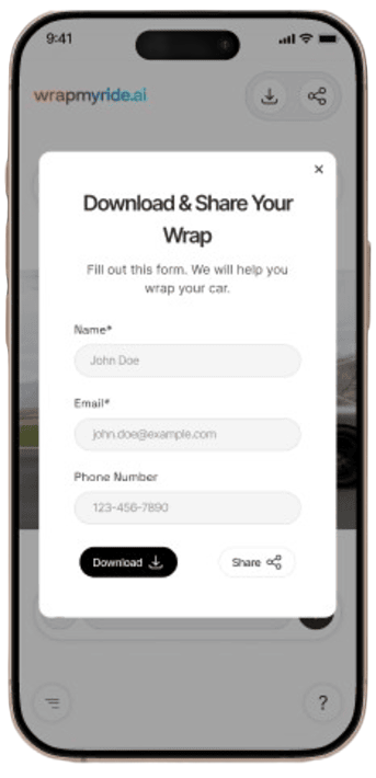 Smartphone screen showing a form titled 'Download & Share Your Wrap' with fields for name, email, and phone number, and buttons to download or share.