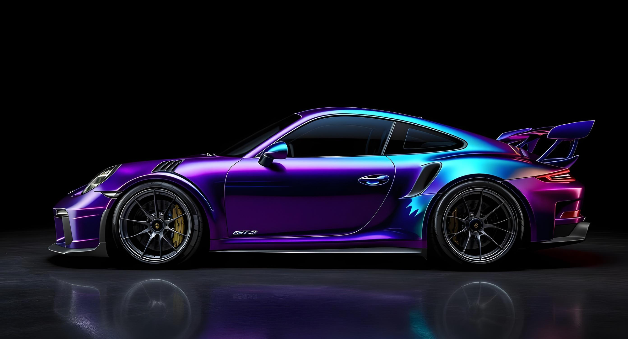 Side view of a sleek sports car with a glossy purple and blue gradient finish and large rear spoiler.