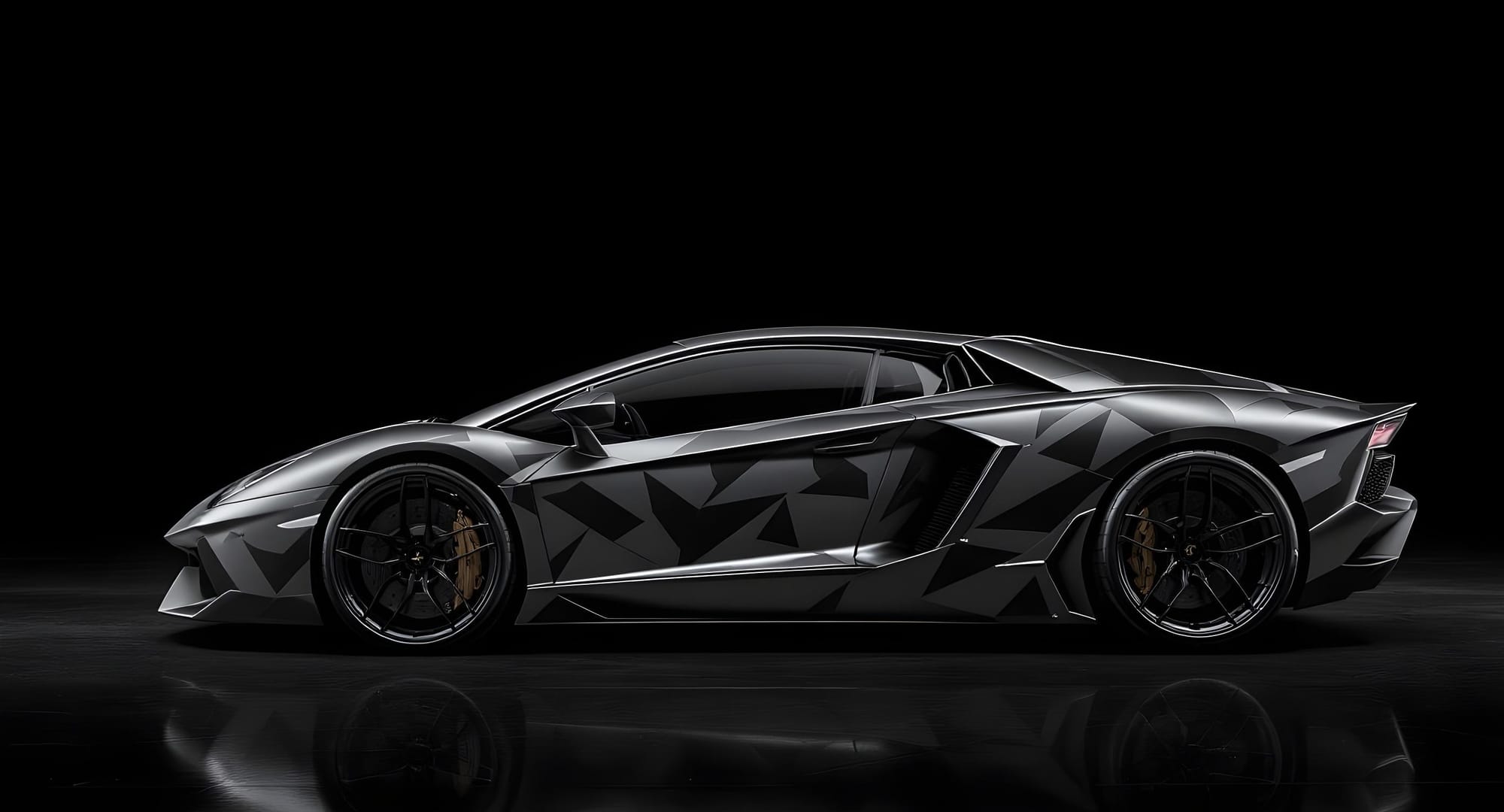 Side view of a sleek black sports car with a geometric pattern on a reflective surface against a black background.