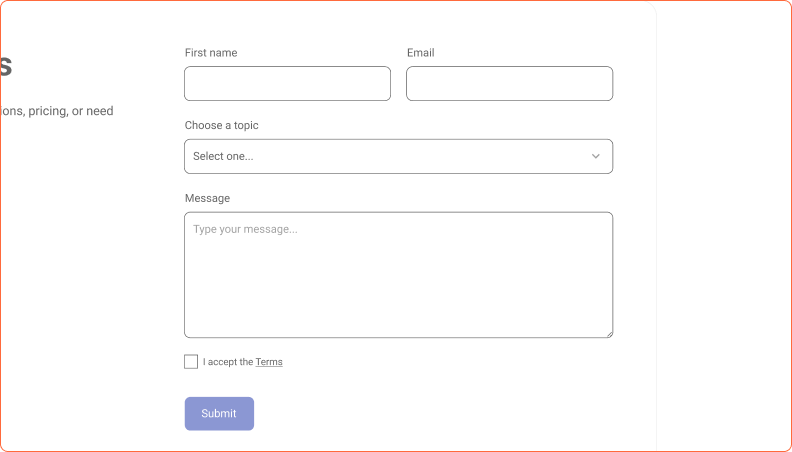 Online contact form with fields for first name, email, topic selection dropdown, message box, terms acceptance checkbox, and submit button.
