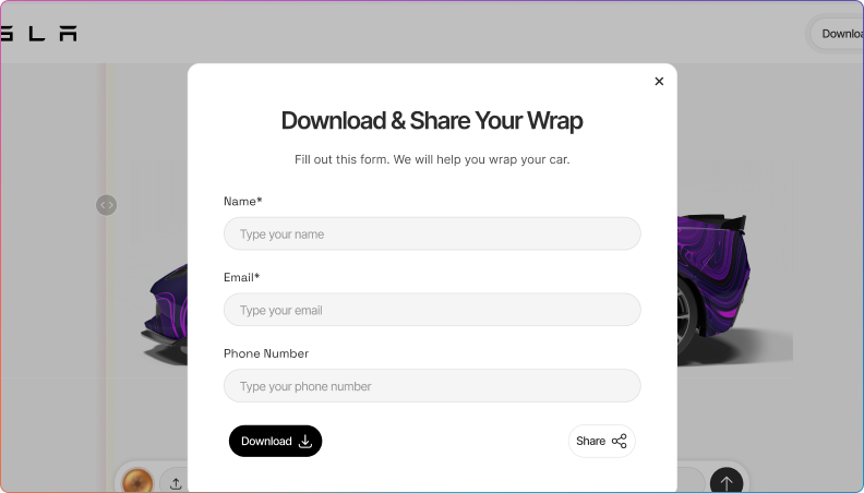Form overlay titled 'Download & Share Your Wrap' with fields for name, email, and phone number, and buttons to download or share.