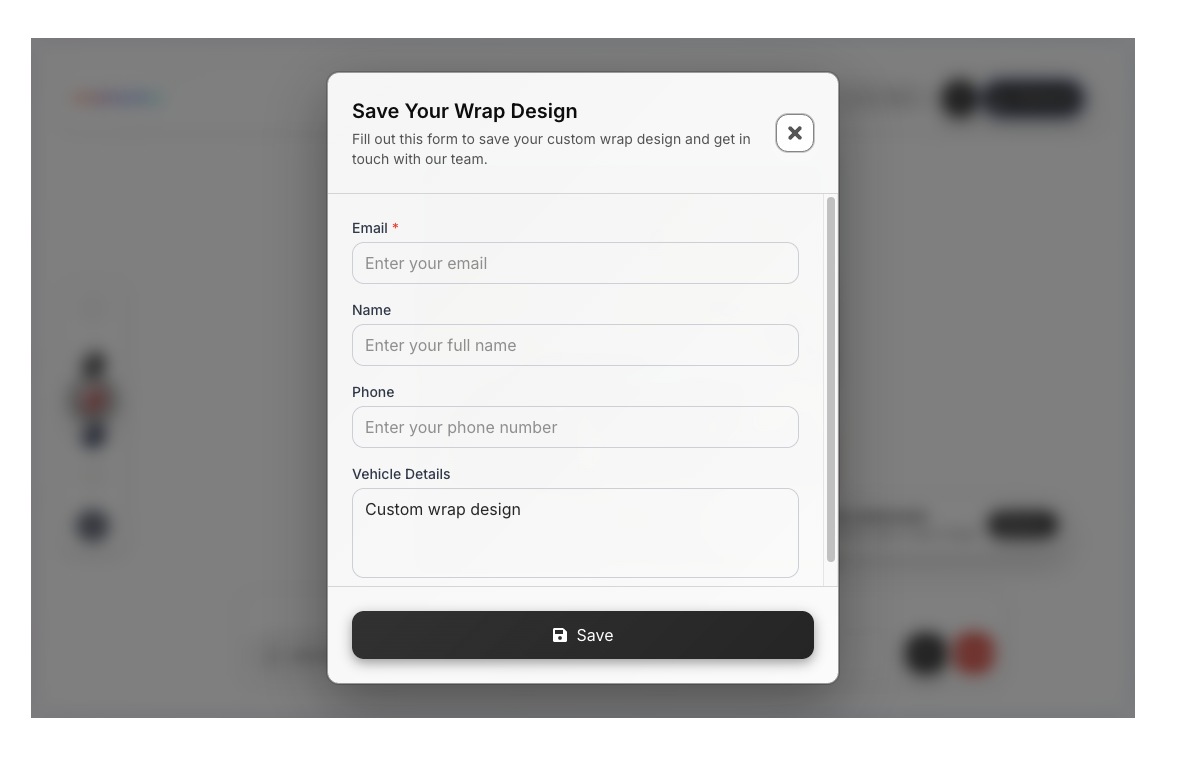 Form titled 'Save Your Wrap Design' with fields for email, name, phone, and vehicle details, plus a save button.