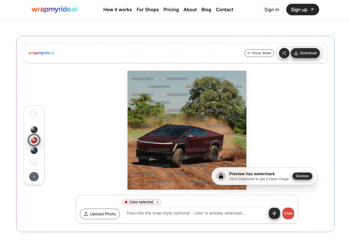Screenshot of wrapmyride.ai showing a maroon Cybertruck driving on a dirt road with trees in the background and options to select color, upload photo, and download the image with a watermark.