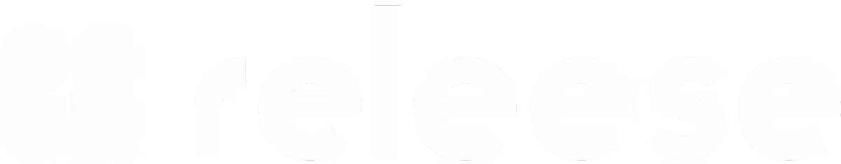 Releese company logo with stylized four-leaf clover icon in white on black background.